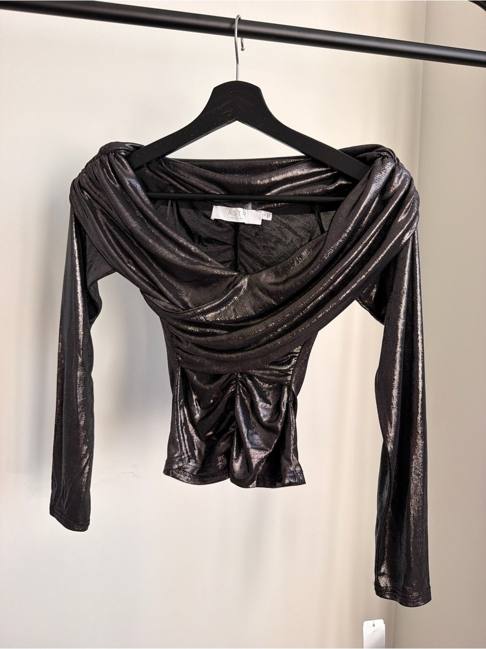 Astr Metallic Black Draped Long Sleeve Top